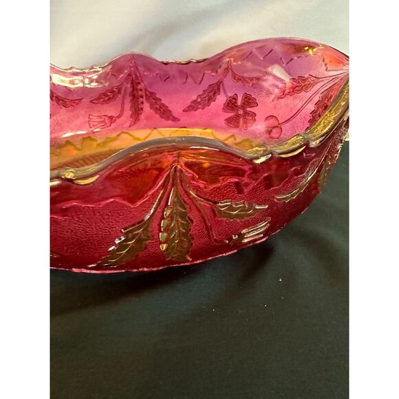 VINTAGE Delaware US GLASS Pink Rose Stain Fruit BANANA Bowl Gold Accent ANTIQUE - Picture 9 of 16